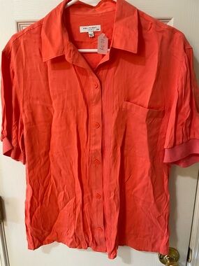 Equipment Femme Silk Blouse Medium Orange Coral Pintuck Short Sleeve Top